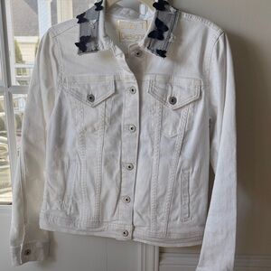 Elegant White Denim Jacket with Floral Accents